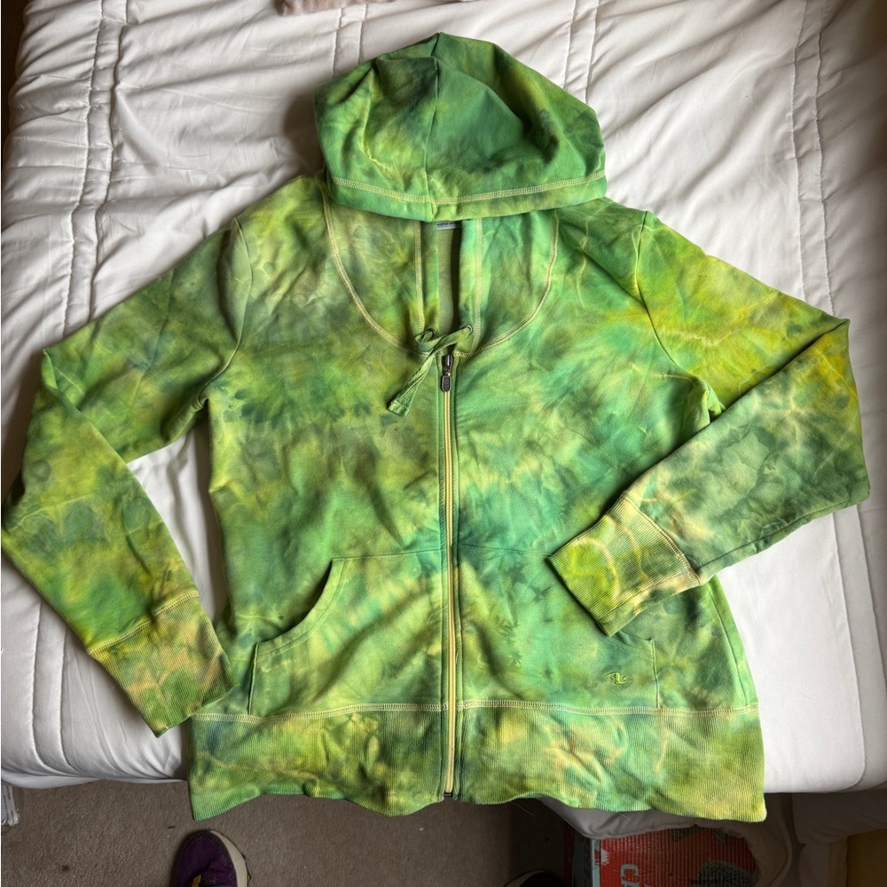 Green and gold / yellow ice dyed Tie-Dye Zip-Up Hoodie ladies 12/14 lightweigh